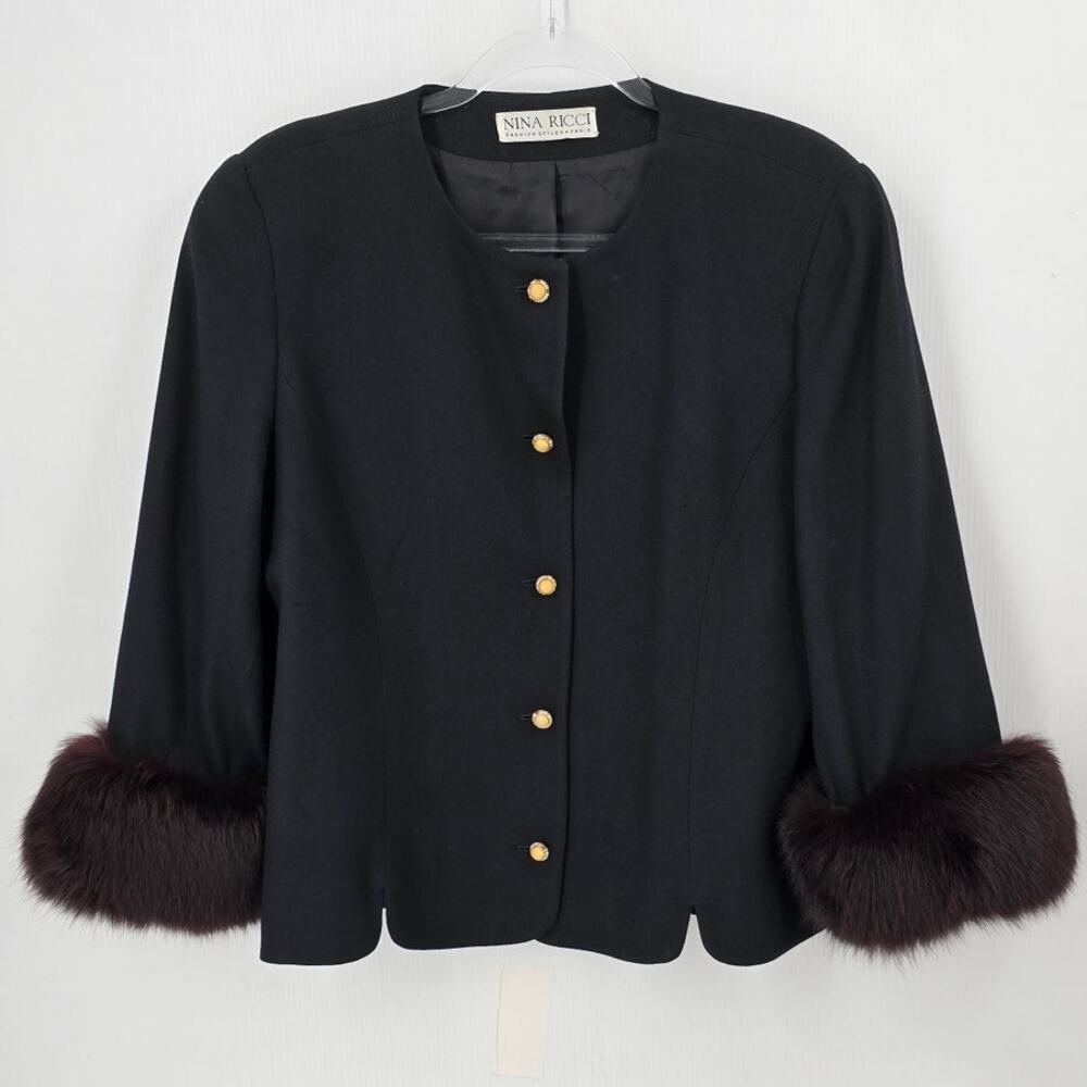 Nina Ricci Vintage Wool Blazer Blue Fox Fur Cuffs Rhinestone Buttons Evening